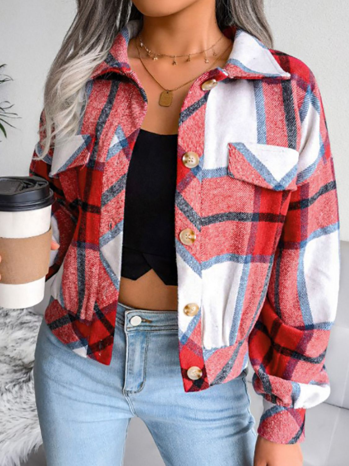 Plaid Collared Neck Drop Shoulder Jacket king-general-store-5710.myshopify.com