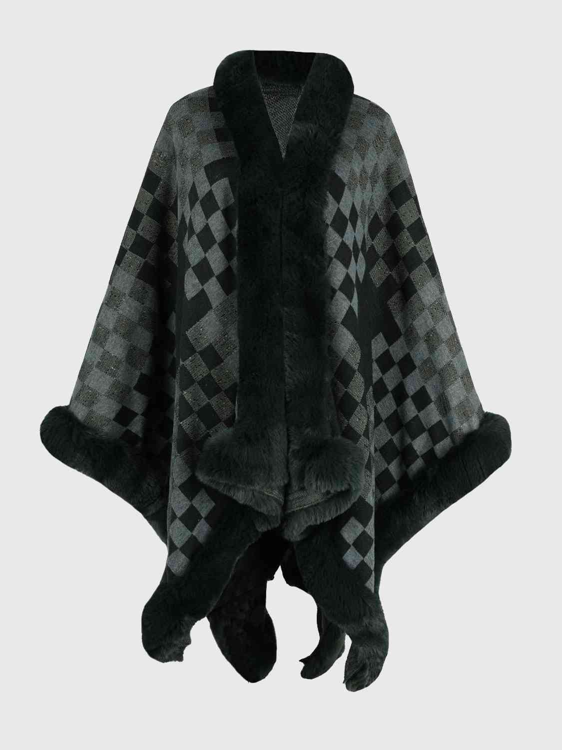 Checkered Faux Fur Trim Poncho king-general-store-5710.myshopify.com