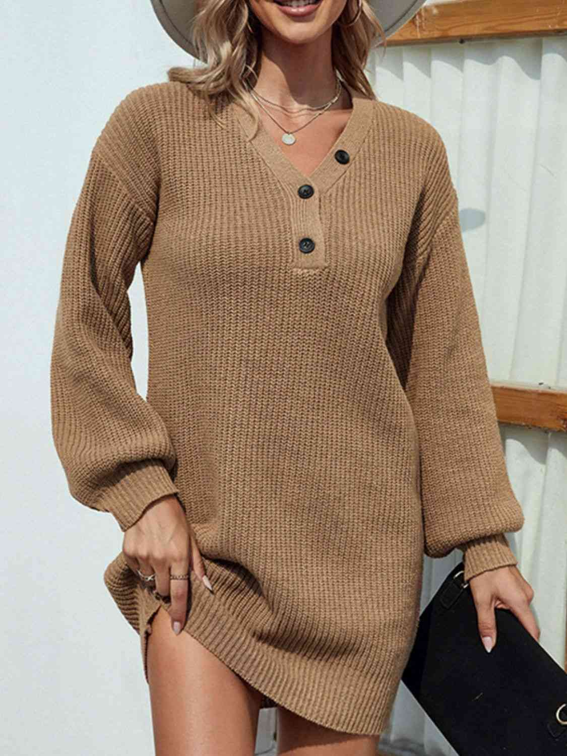 Buttoned V-Neck Sweater Dress king-general-store-5710.myshopify.com