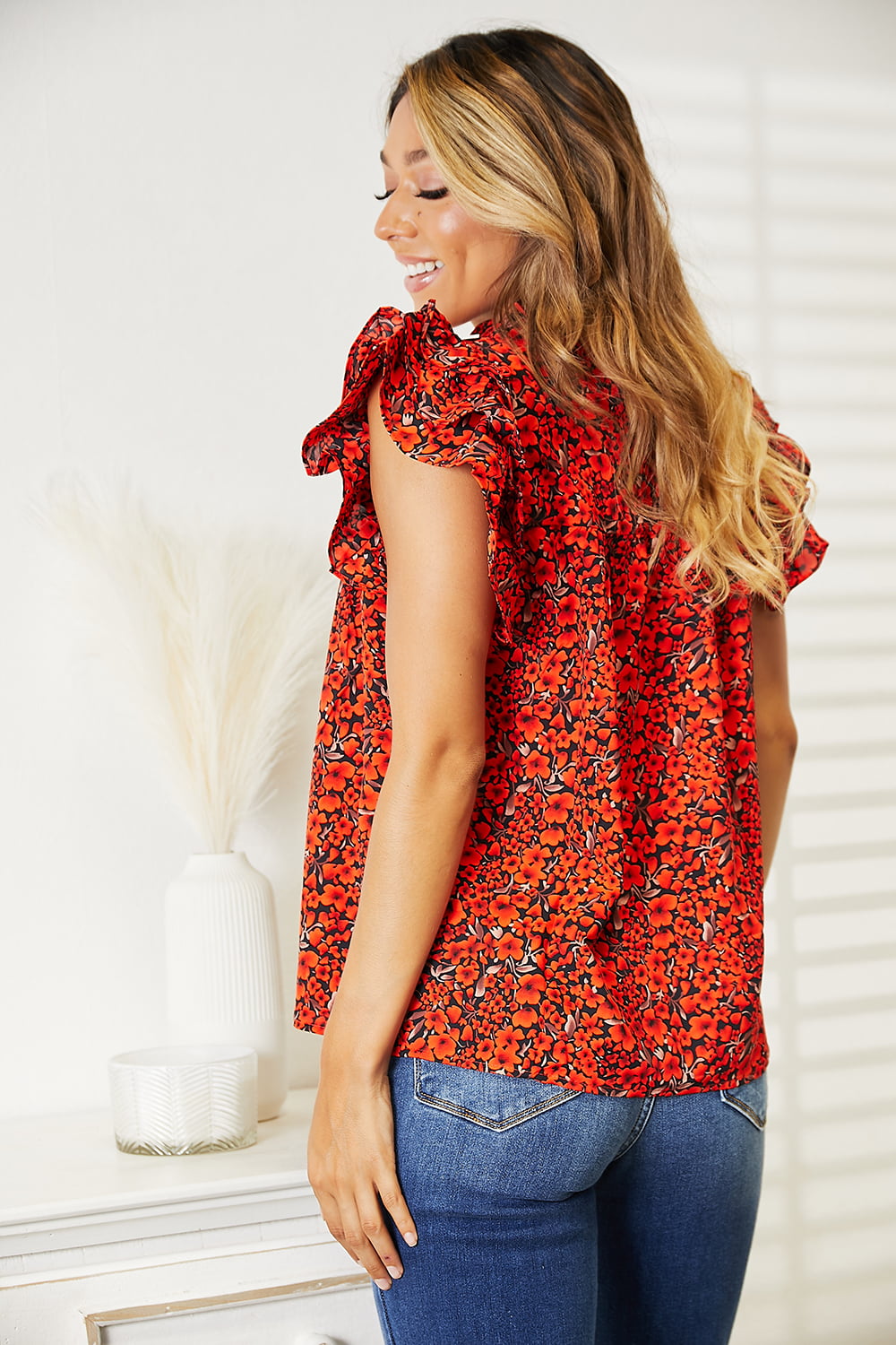 Double Take Floral Flutter Sleeve Notched Neck Blouse king-general-store-5710.myshopify.com