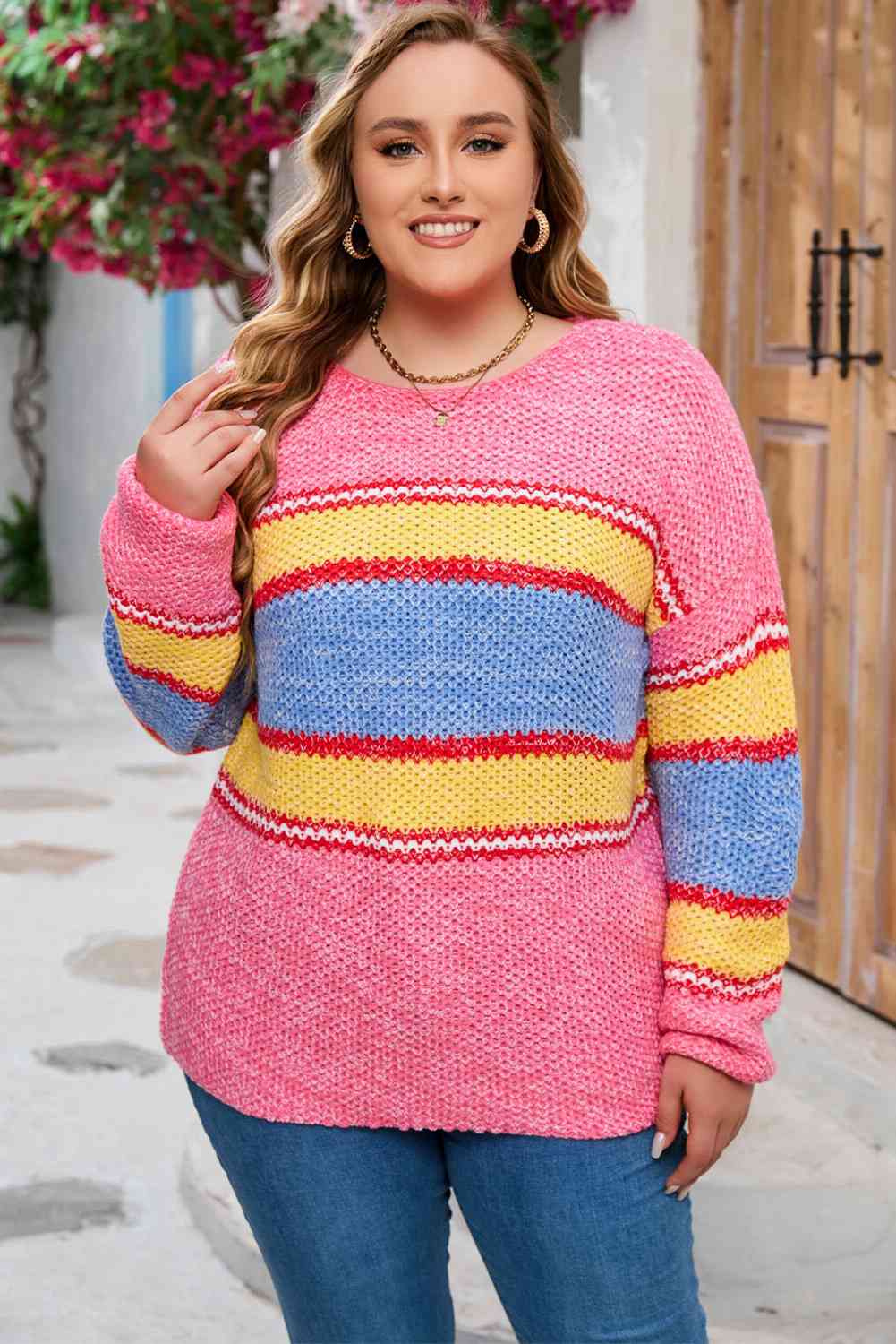 Plus Size Color Block Round Neck Long Sleeve Sweater king-general-store-5710.myshopify.com