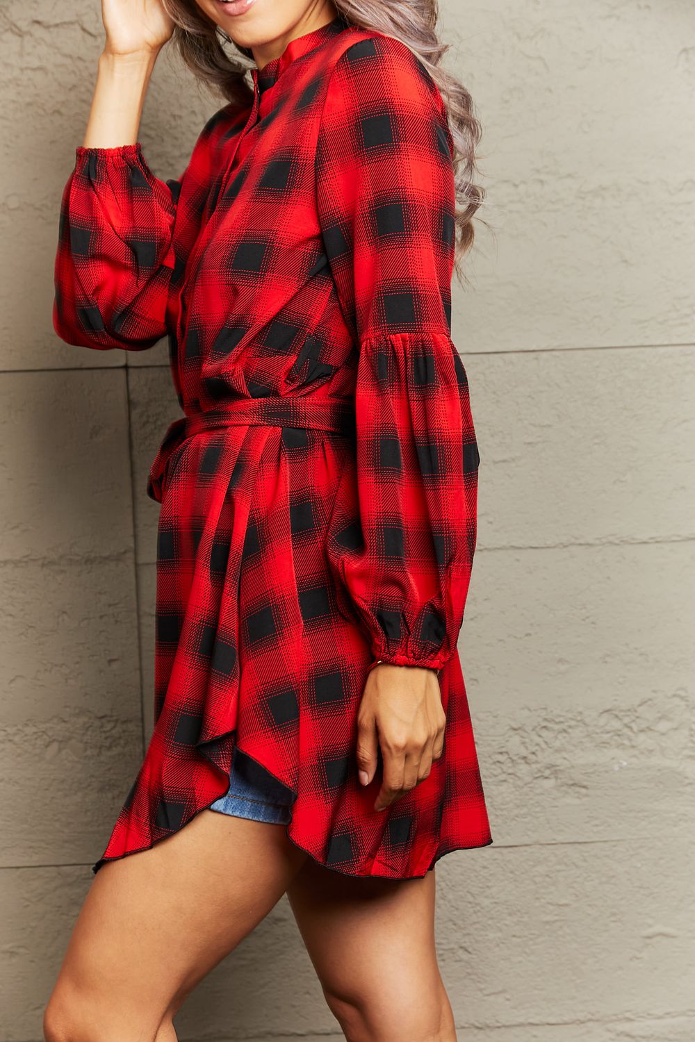 Plaid Tie Waist Balloon Sleeve Mini Dress king-general-store-5710.myshopify.com