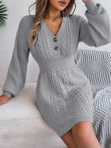 Buttoned Cable-Knit V-Neck Sweater Dress king-general-store-5710.myshopify.com