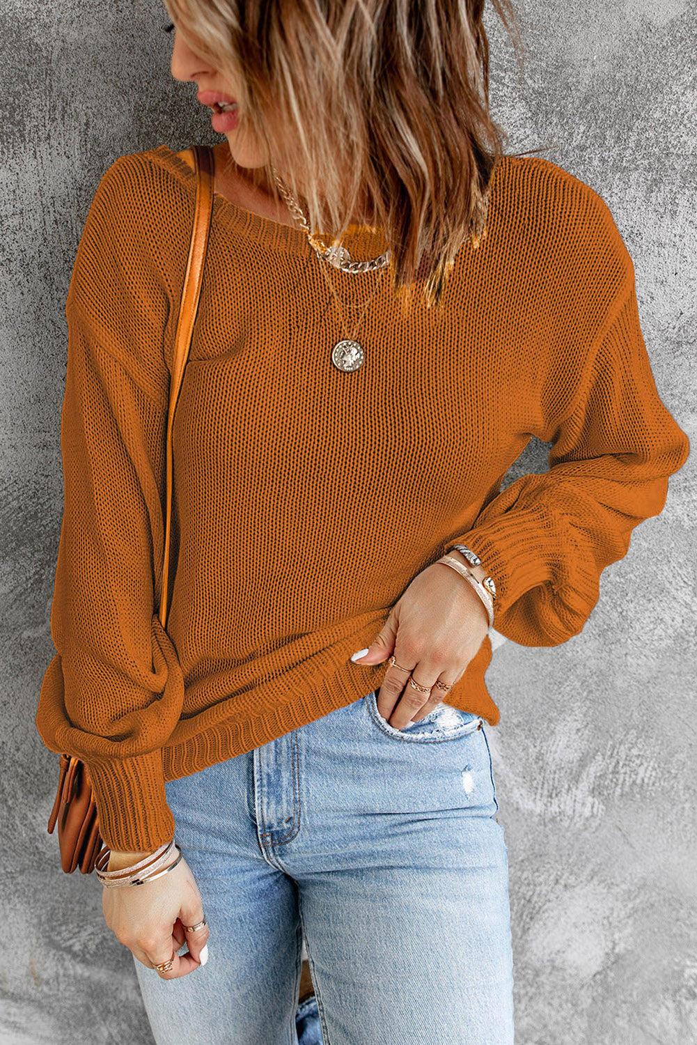 Double Take Tied Balloon Sleeve Round Neck Sweater king-general-store-5710.myshopify.com