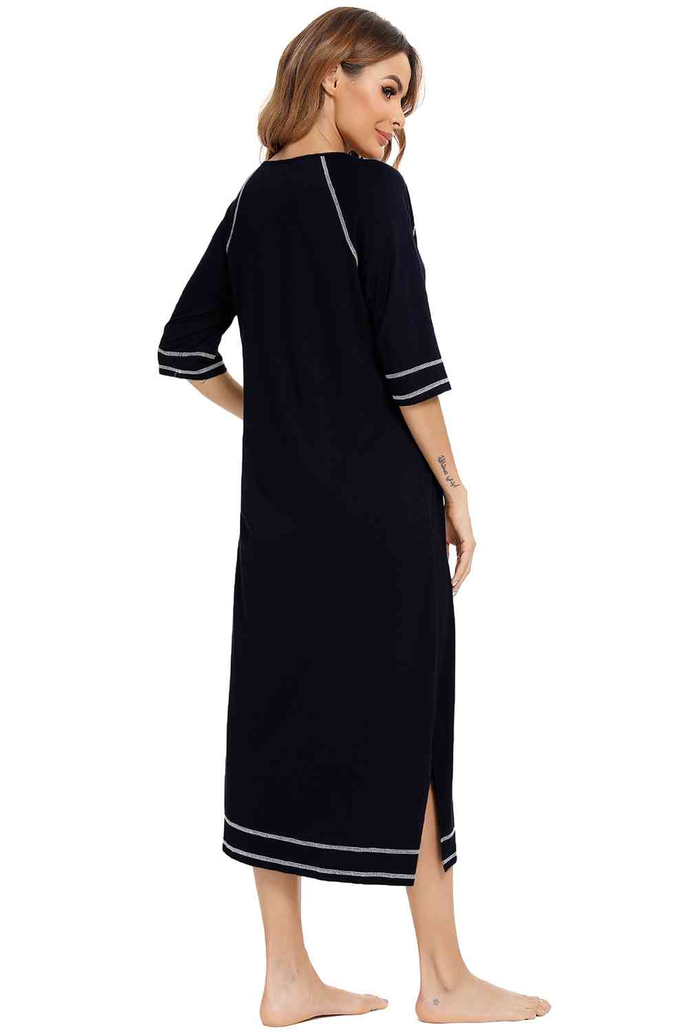 Zip Up Slit Round Neck Night Dress with Pockets king-general-store-5710.myshopify.com