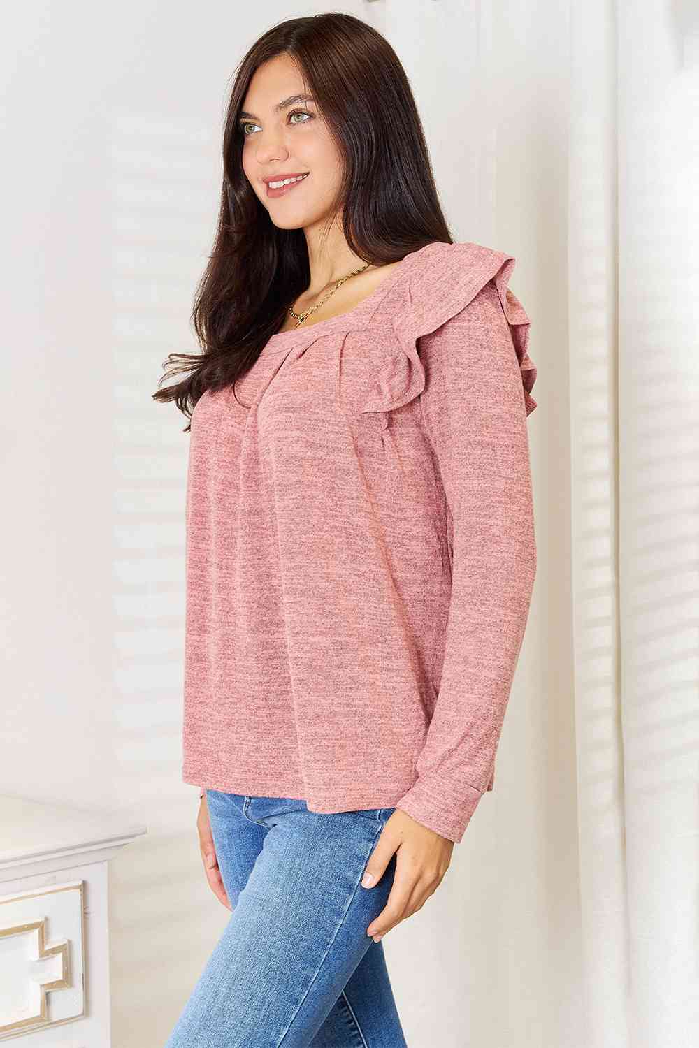 Double Take Square Neck Ruffle Shoulder Long Sleeve T-Shirt king-general-store-5710.myshopify.com