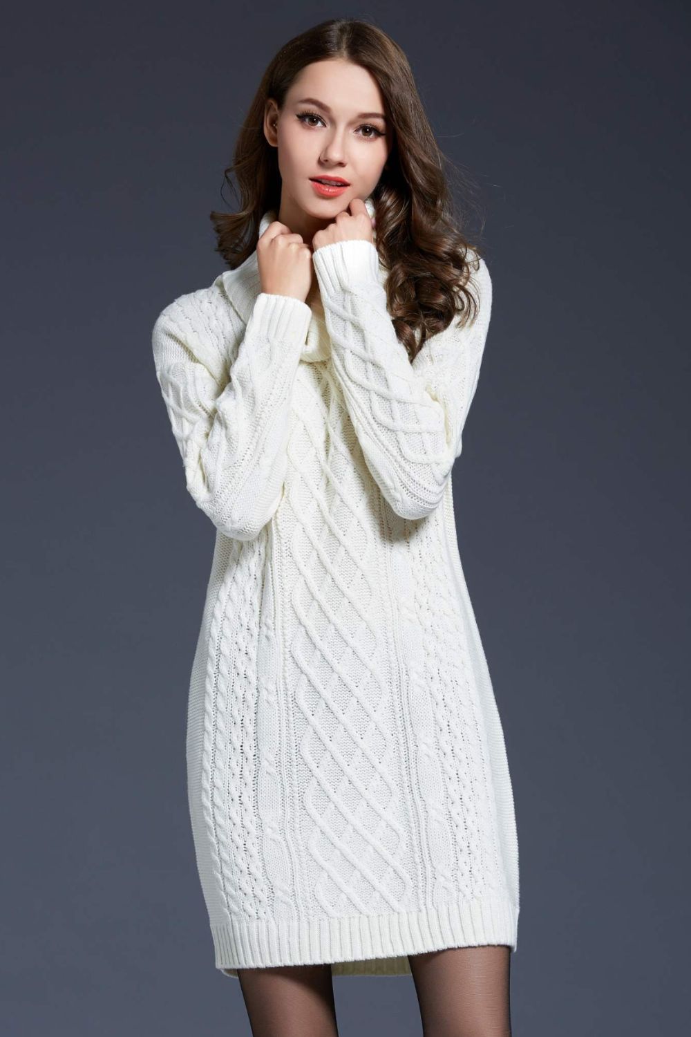 Woven Right Full Size Mixed Knit Cowl Neck Dropped Shoulder Sweater Dress king-general-store-5710.myshopify.com