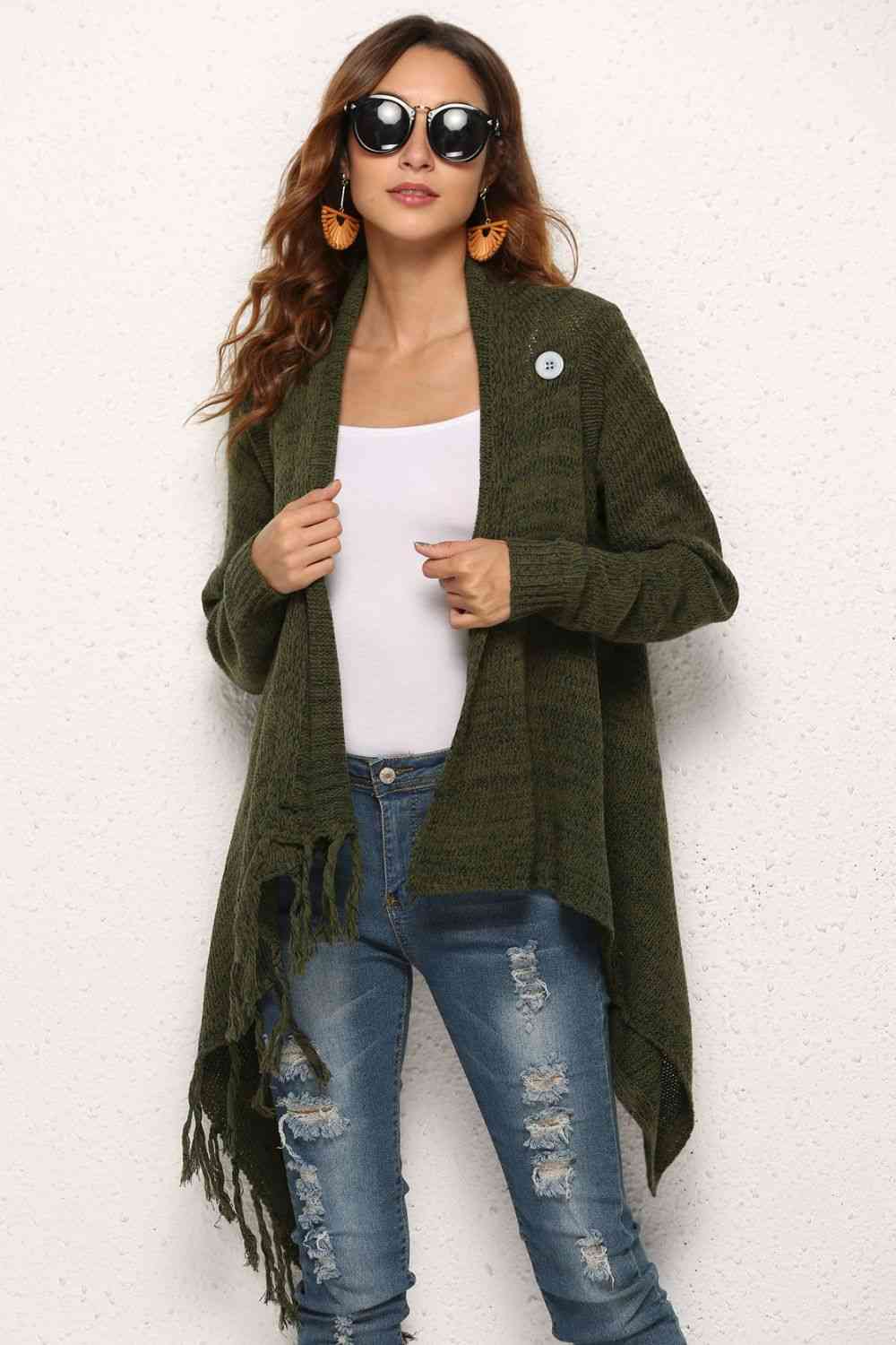 One-Button Tassel Tie Asymmetrical Hem Cardigan king-general-store-5710.myshopify.com