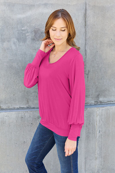 Basic Bae Full Size V-Neck Lantern Sleeve Blouse king-general-store-5710.myshopify.com