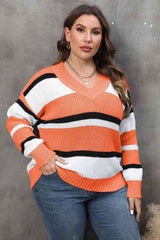 Plus Size Striped V-Neck Dropped Shoulder Sweater king-general-store-5710.myshopify.com