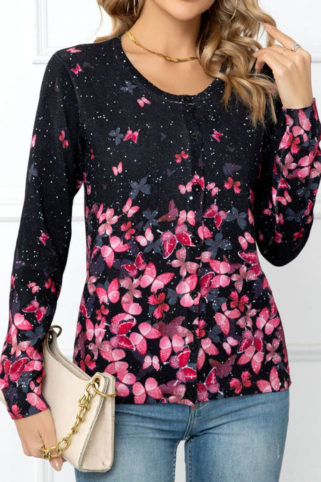 Floral Button Front Round Neck Cardigan king-general-store-5710.myshopify.com