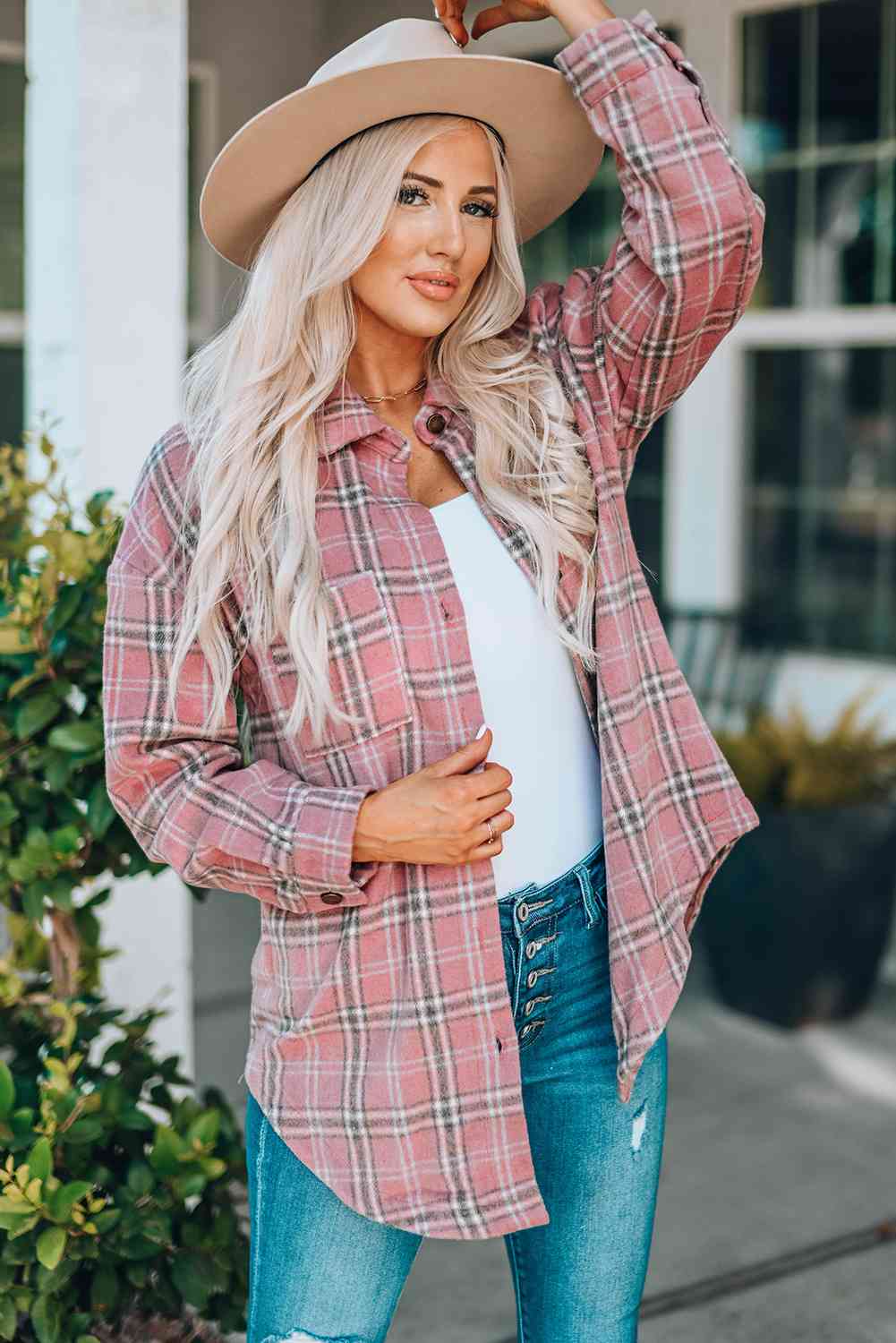 Plaid Curved Hem Dropped Shoulder Longline Shirt Jacket king-general-store-5710.myshopify.com