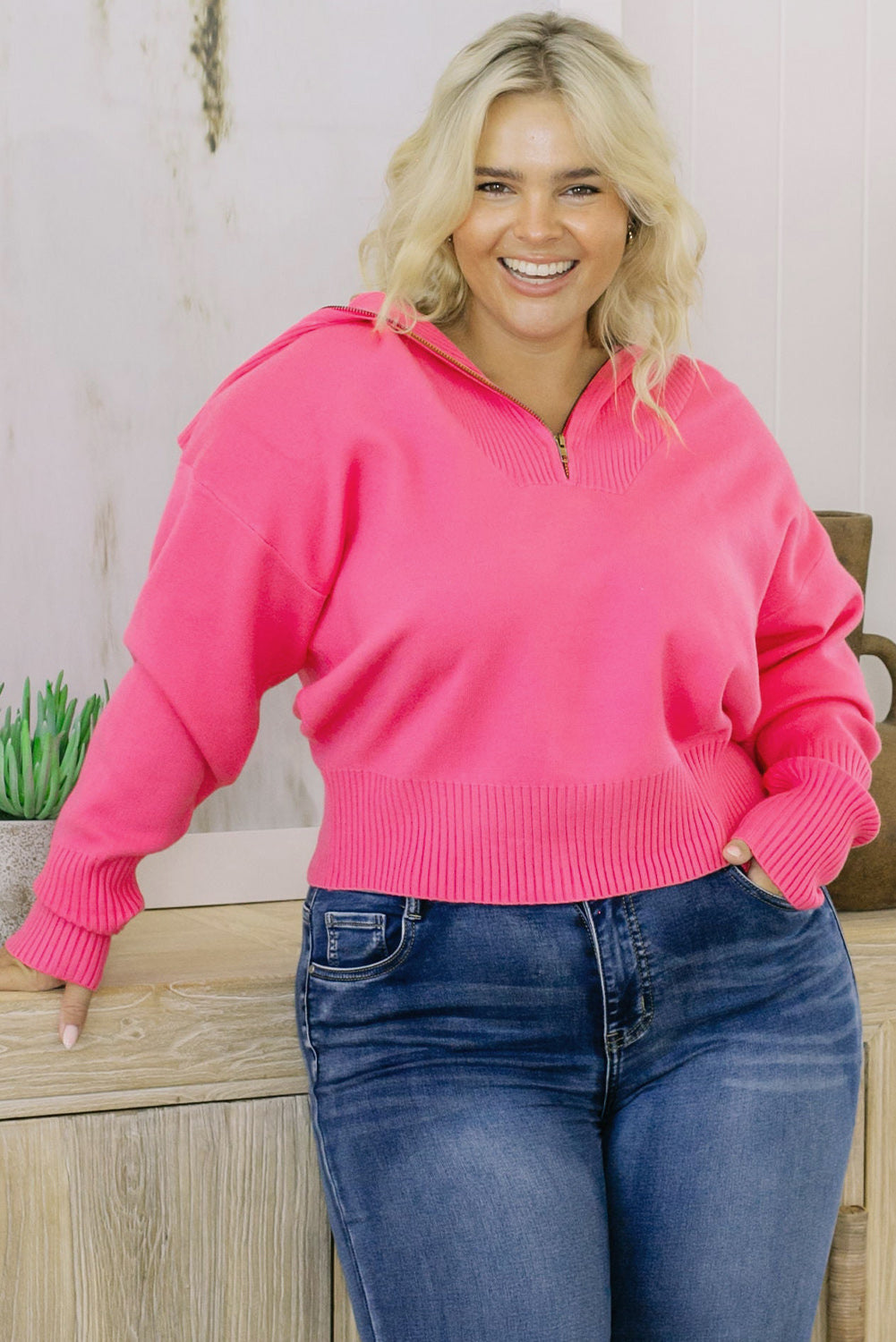 Plus Size Collared Neck Zip-Up Long Sleeve Sweater king-general-store-5710.myshopify.com