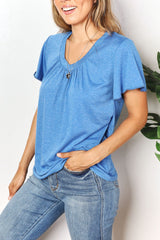 Double Take Ruched V-Neck Short Sleeve T-Shirt king-general-store-5710.myshopify.com