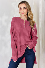 Basic Bae Full Size Ribbed Half Button Long Sleeve High-Low T-Shirt king-general-store-5710.myshopify.com