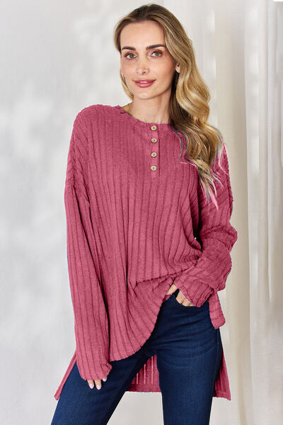 Basic Bae Full Size Ribbed Half Button Long Sleeve High-Low T-Shirt king-general-store-5710.myshopify.com