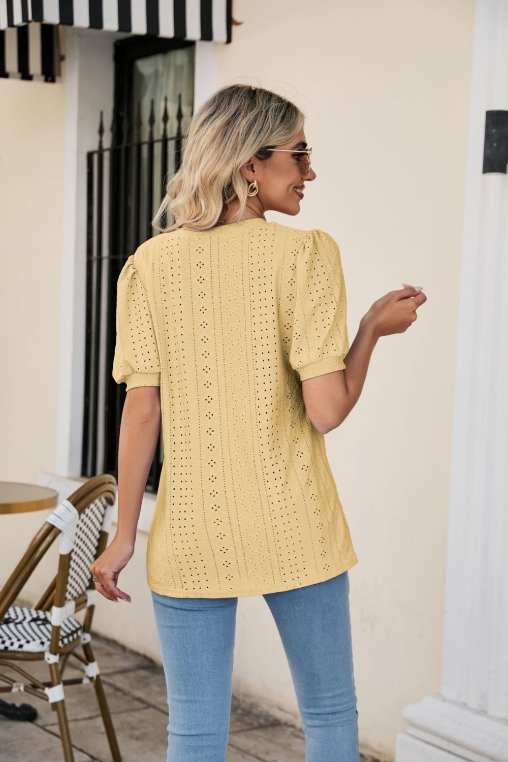 Eyelet Puff Sleeve V-Neck Top king-general-store-5710.myshopify.com