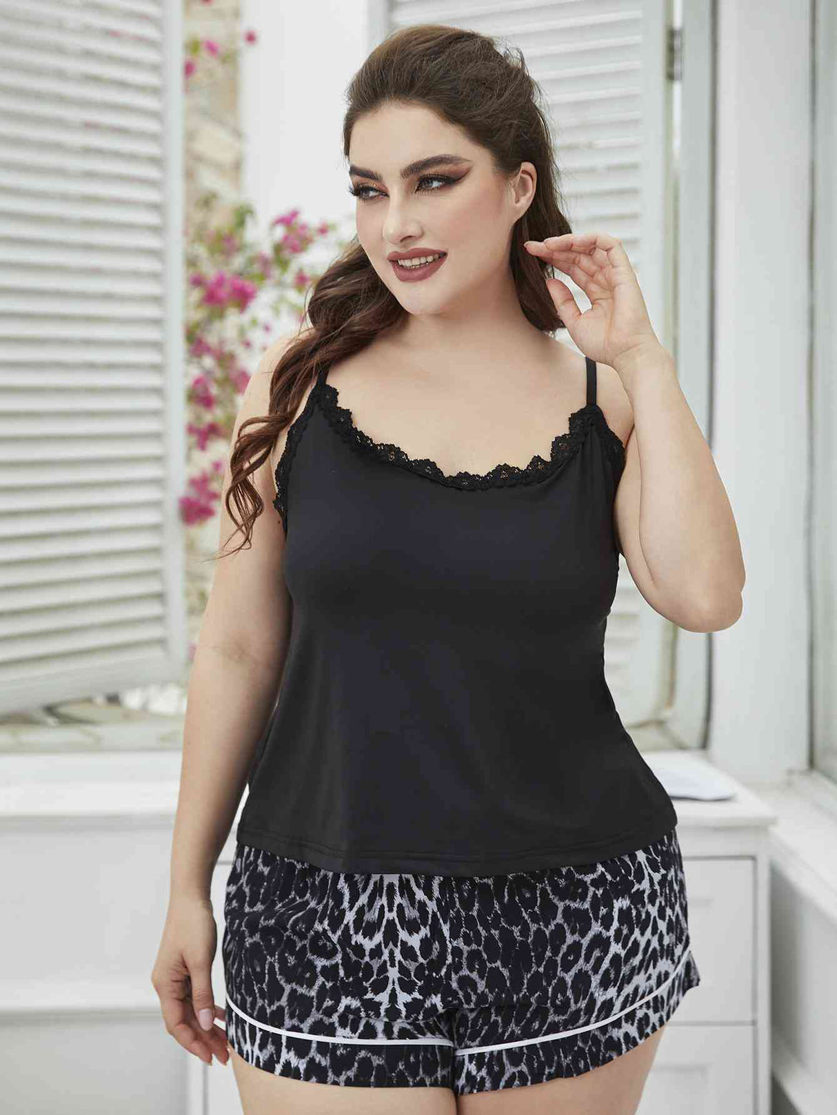 Plus Size Lace Trim Scoop Neck Cami and Printed Shorts Pajama Set king-general-store-5710.myshopify.com