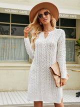 Notched Neck Cable-Knit Slit Sweater Dress king-general-store-5710.myshopify.com