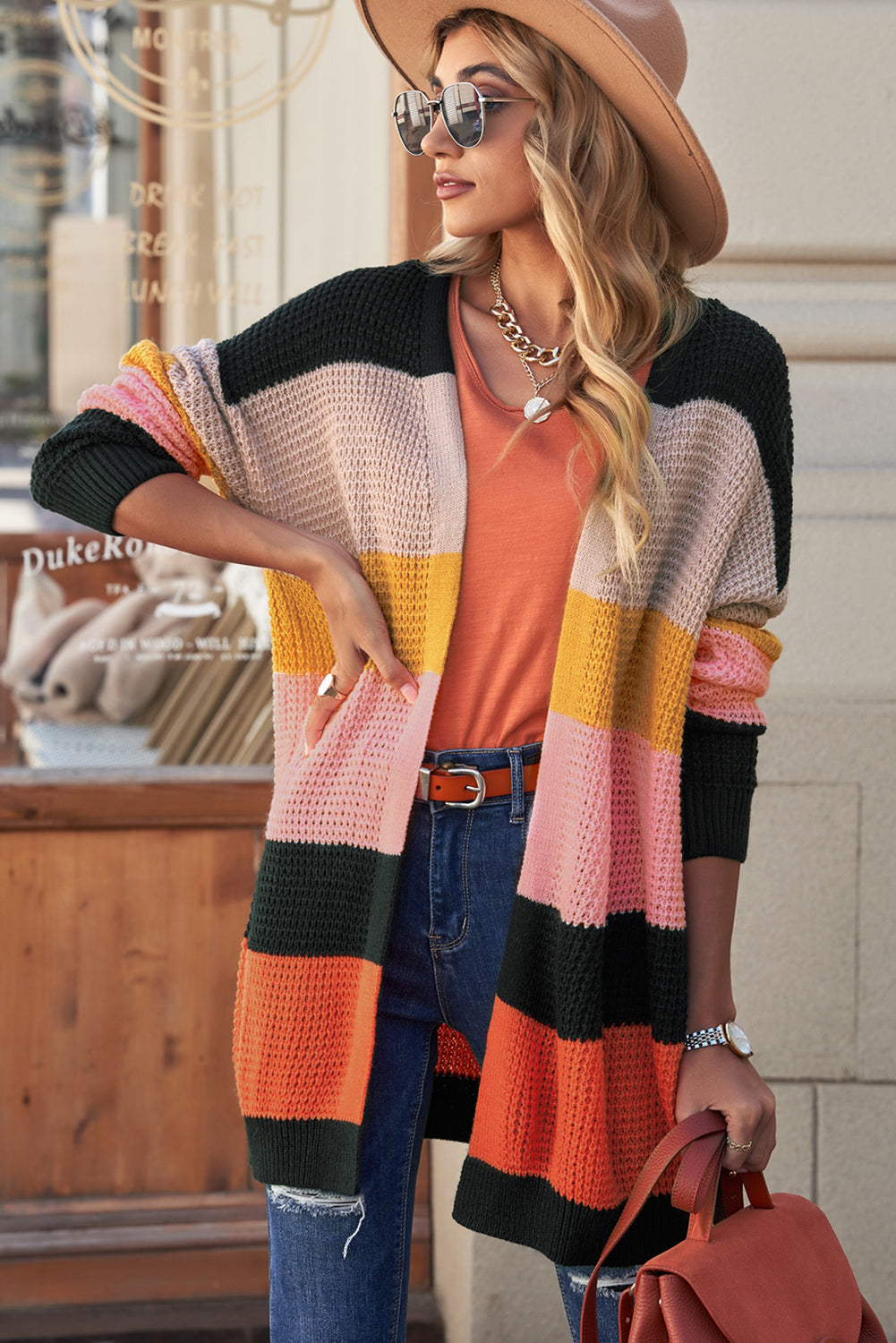 Striped Waffle Knit Open Front Cardigan king-general-store-5710.myshopify.com