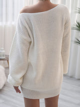 Rib-Knit Balloon Sleeve Boat Neck Sweater Dress king-general-store-5710.myshopify.com