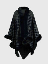 Checkered Faux Fur Trim Poncho king-general-store-5710.myshopify.com