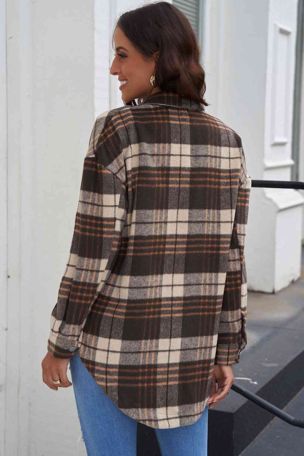 Plaid Curved Hem Dropped Shoulder Longline Shirt Jacket king-general-store-5710.myshopify.com