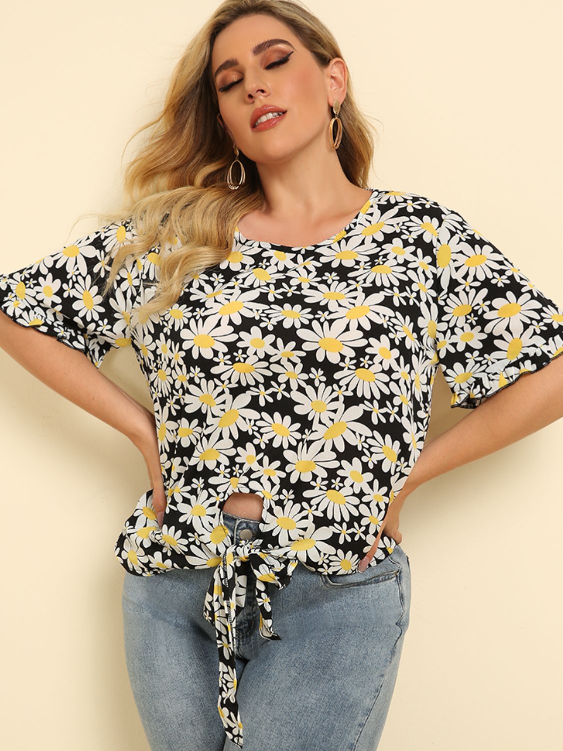 Plus Size Floral Round Neck Tie Hem Blouse king-general-store-5710.myshopify.com