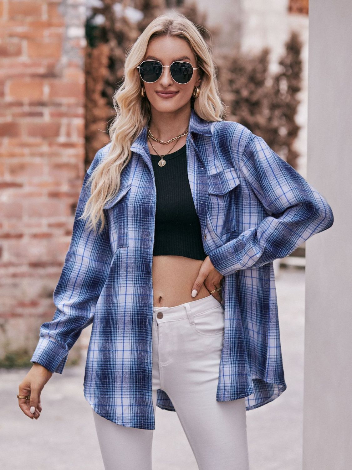 Plaid Dropped Shoulder Longline Shirt king-general-store-5710.myshopify.com