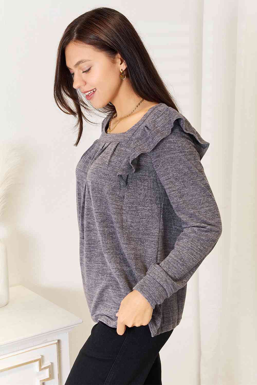 Double Take Square Neck Ruffle Shoulder Long Sleeve T-Shirt king-general-store-5710.myshopify.com