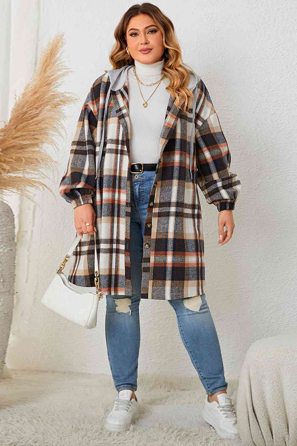 Plus Size Plaid Drop Shoulder Hooded Coat king-general-store-5710.myshopify.com