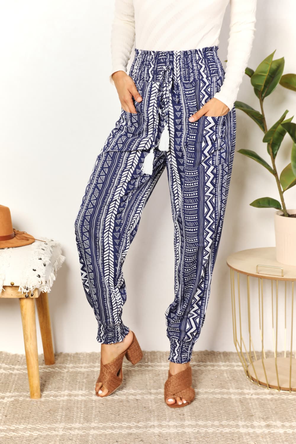 Double Take Geometric Print Tassel High-Rise Pants king-general-store-5710.myshopify.com