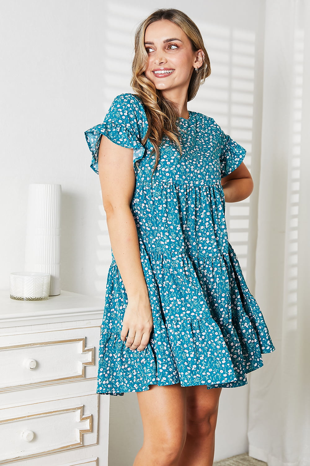 Double Take Short Flounce Sleeve Tiered Dress king-general-store-5710.myshopify.com