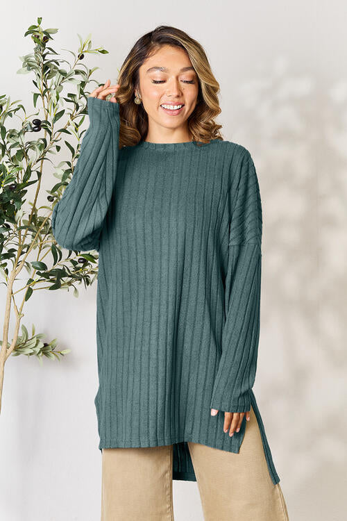 Basic Bae Full Size Ribbed Round Neck Long Sleeve Slit Top king-general-store-5710.myshopify.com