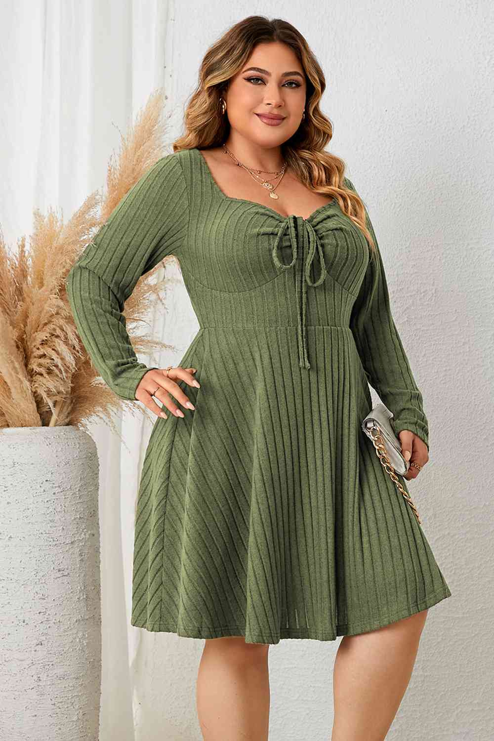 Plus Size Sweetheart Neck Long Sleeve Ribbed Dress king-general-store-5710.myshopify.com