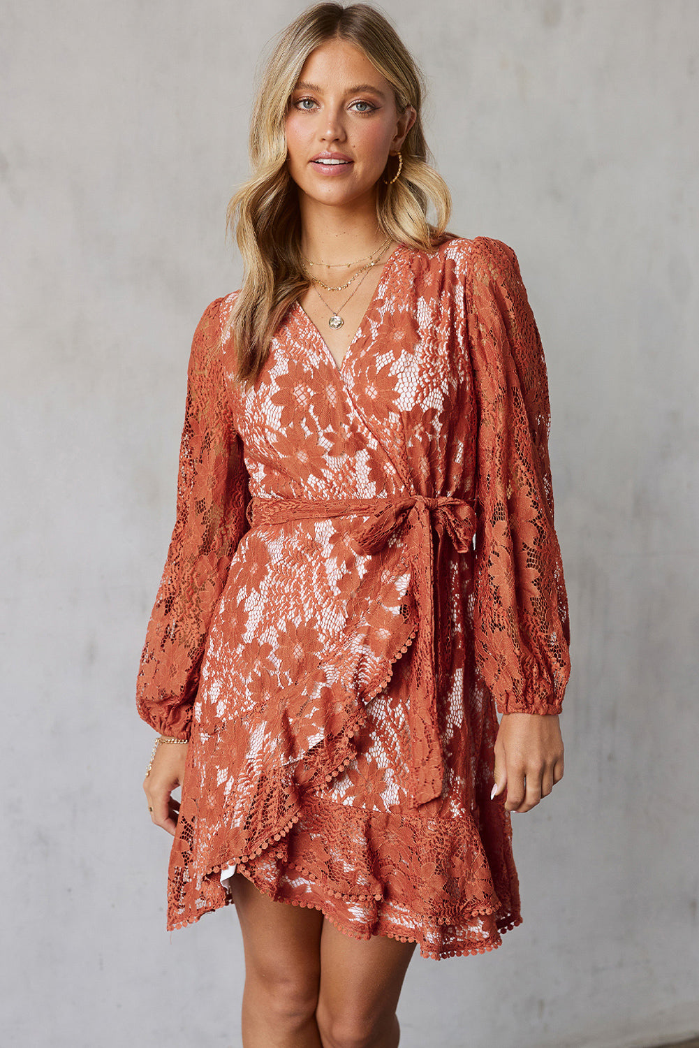 Pompom Trim Puff Sleeve Belted Lace Dress king-general-store-5710.myshopify.com