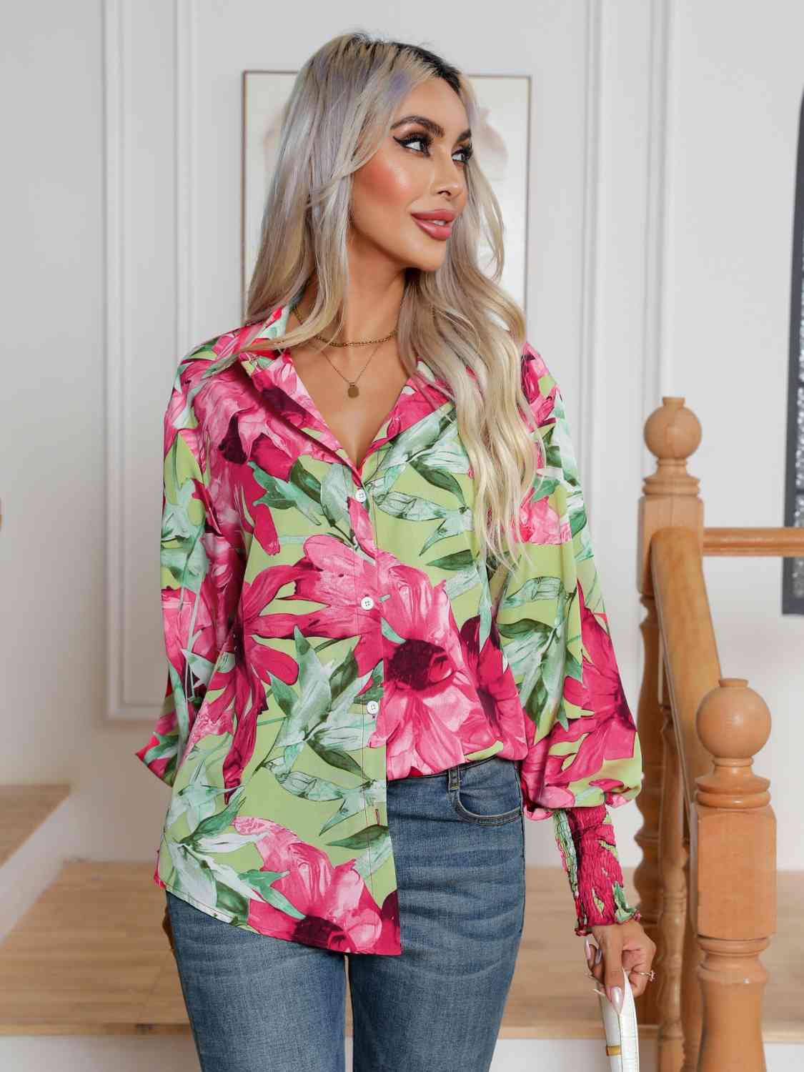 Floral Collared Neck Buttoned Shirt king-general-store-5710.myshopify.com