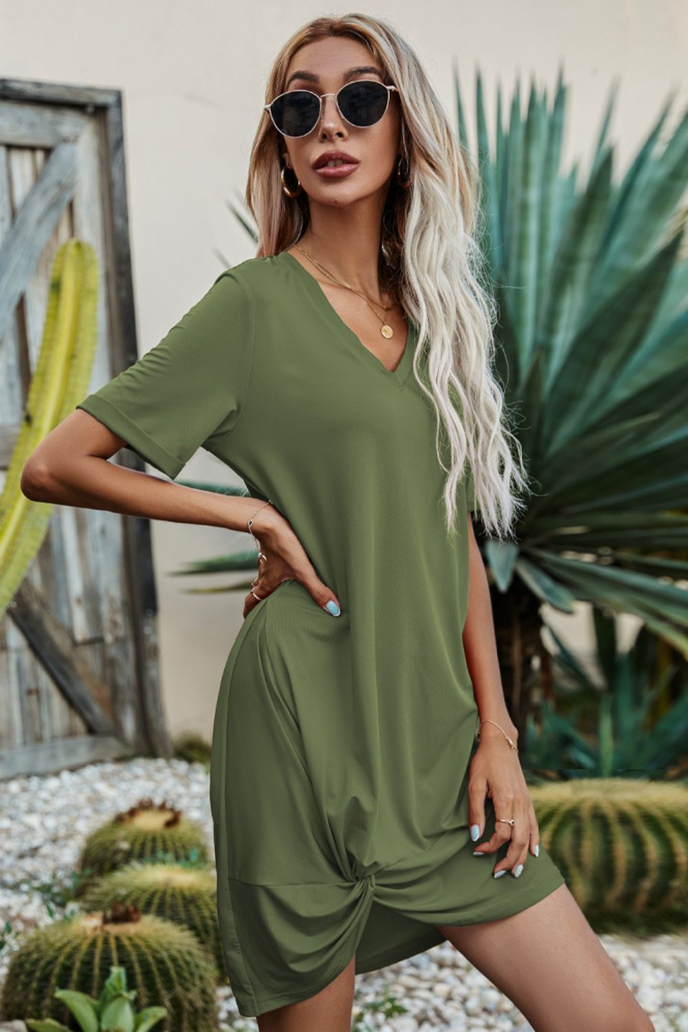 Twisted V-Neck Short Sleeve Dress king-general-store-5710.myshopify.com