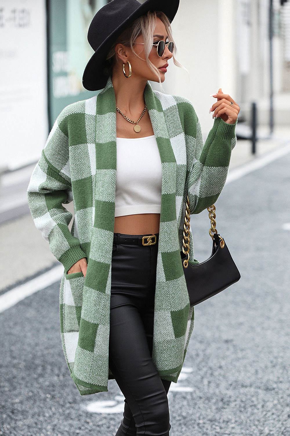 Plaid Dropped Shoulder Cardigan with Pocket king-general-store-5710.myshopify.com