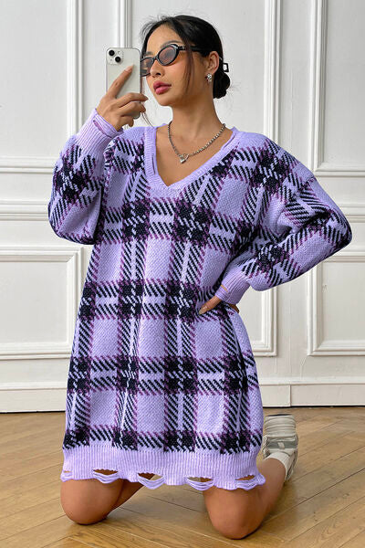 Plaid V-Neck Long Sleeve Sweater Dress king-general-store-5710.myshopify.com