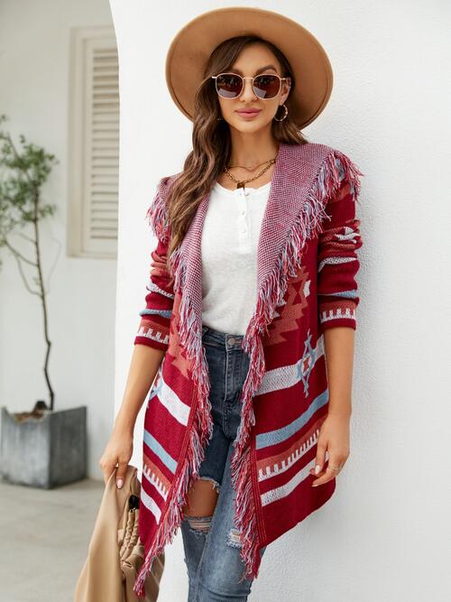 Fringe Geometric Hooded Long Sleeve Cardigan king-general-store-5710.myshopify.com