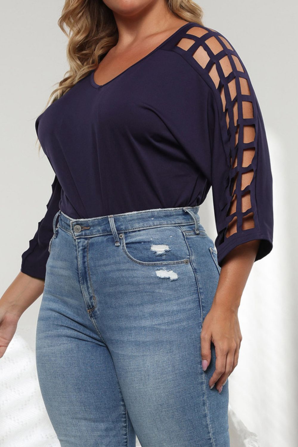 Plus Size Cutout Three-Quarter Sleeve Blouse king-general-store-5710.myshopify.com