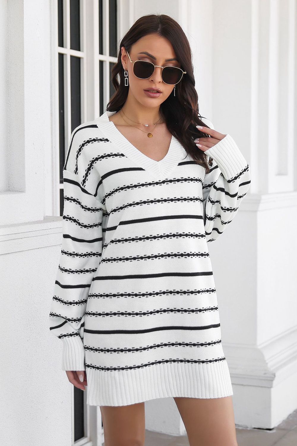 Striped V-Neck Sweater Dress king-general-store-5710.myshopify.com