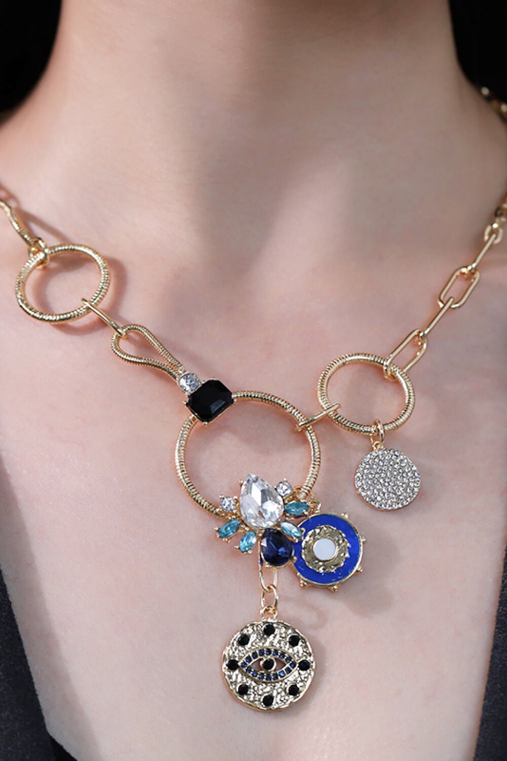 18K Gold-Plated Rhinestone Evil Eye Pendant Necklace - Kings Crown Jewel Boutique