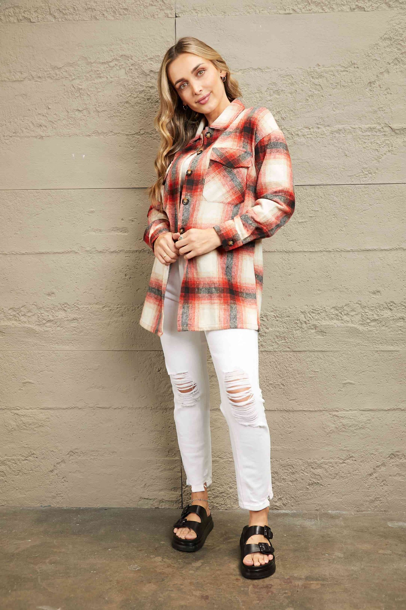 Double Take Plaid Button Up Shirt Jacket with Pockets king-general-store-5710.myshopify.com