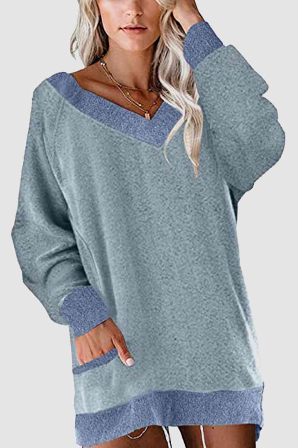 V-Neck Long Sleeve Sweatshirt with Pockets king-general-store-5710.myshopify.com