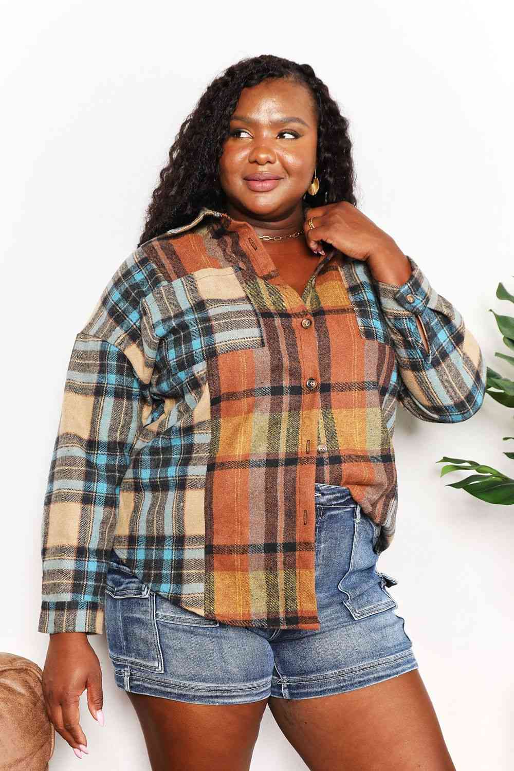 Double Take Plaid Curved Hem Shirt Jacket with Breast Pockets king-general-store-5710.myshopify.com