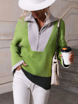 Double Take Color Block Half-Zip Dropped Shoulder Knit Pullover king-general-store-5710.myshopify.com