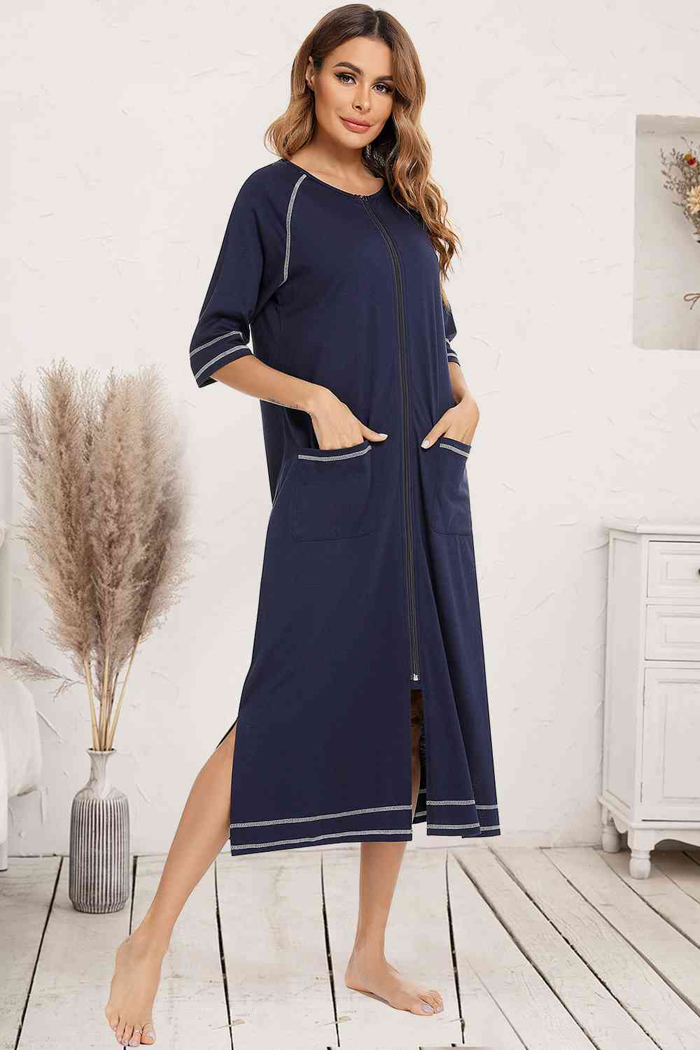 Zip Up Slit Round Neck Night Dress with Pockets king-general-store-5710.myshopify.com