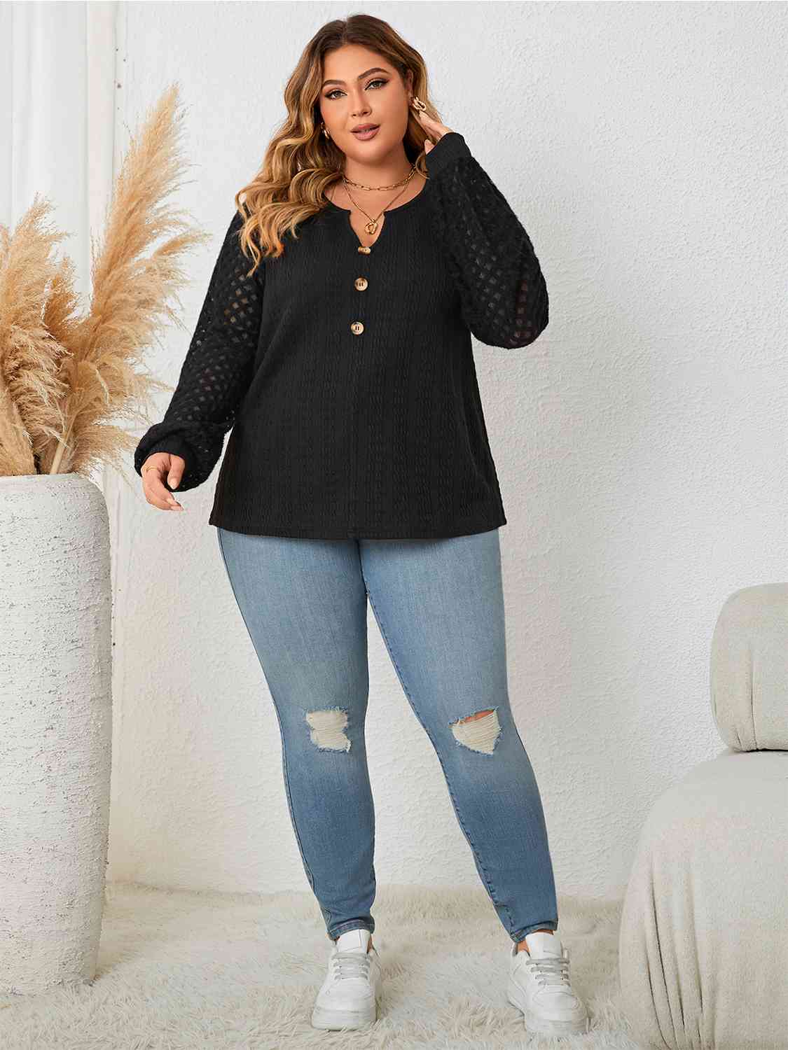 Plus Size Openwork Notched Button Front Blouse king-general-store-5710.myshopify.com